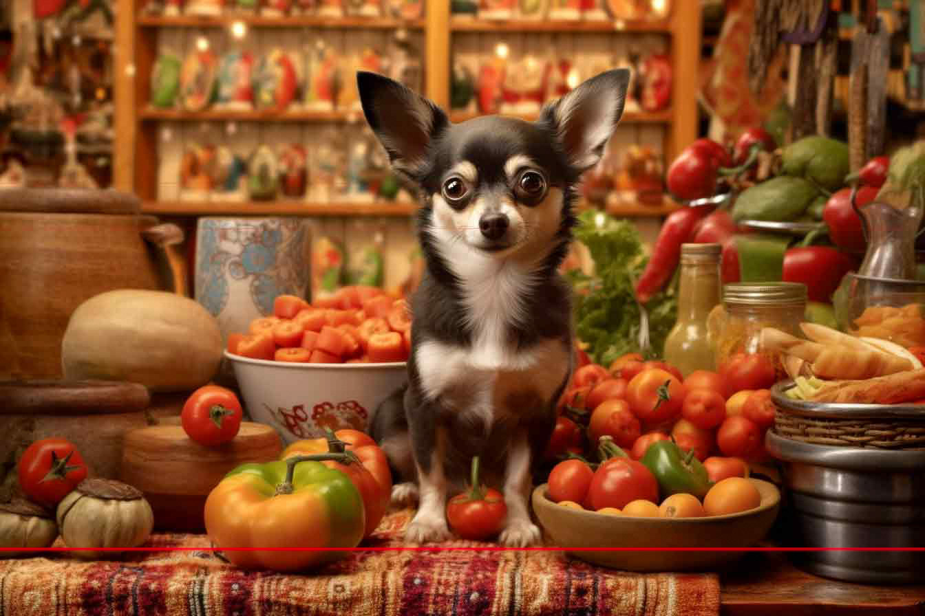 small black-and-white Chihuahua sits on kitchen counter amidst assortment of vegetables. wall behind stocked shelves of oils and spices, and wooden cooking tools. Looking directly ahead its about to create a salsa