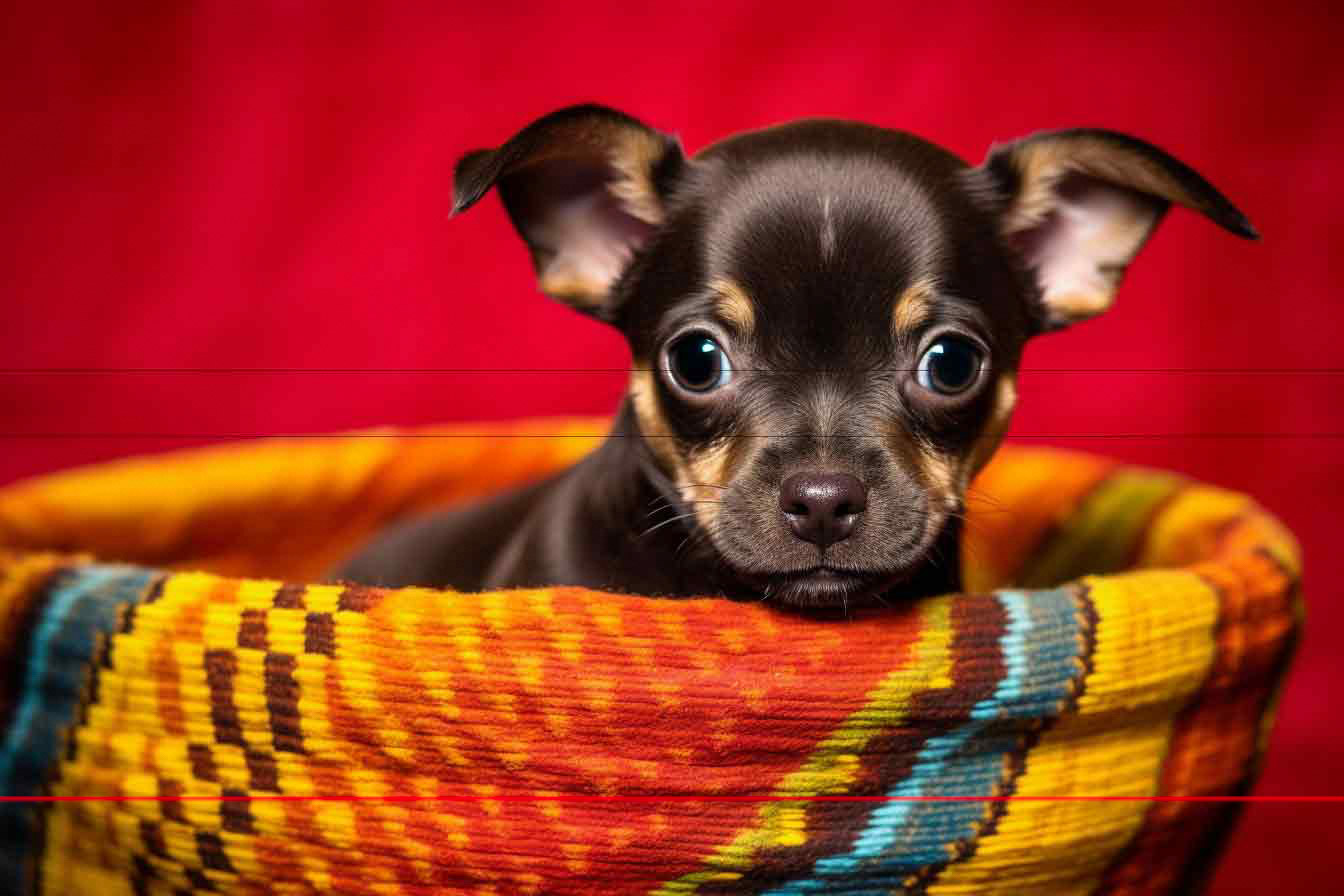 Small Chihuahua puppy with glossy dark fur and a tan marking above its eyes, nose, and cheeks. The ears are flopping slightly at the top. Its head just above the rim of the large beautiful woven basket  with a vibrant pattern that contrasts pleasantly against the bold, uninterrupted red background