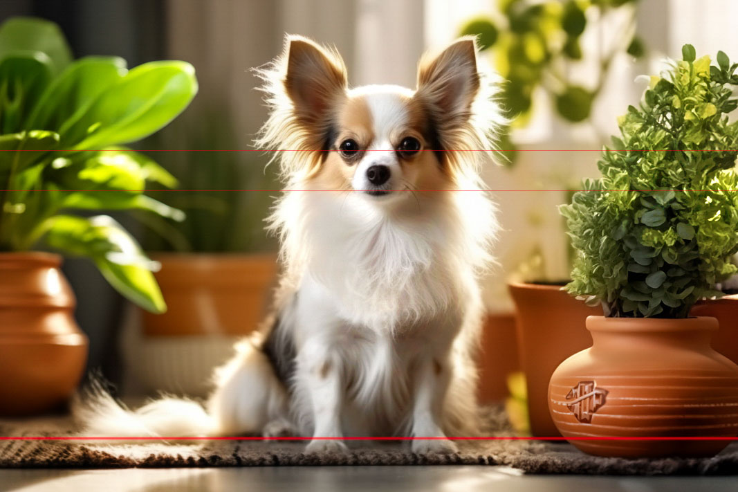 The dog's fur is fine and soft-looking, there is a collection of terracotta pots with lush green plants. The lighting casts a warm glow, from a nearby window. Overall, the image captures a peaceful moment that highlights the beauty and gentleness of the dog, surrounded by subtle elements of a peaceful home life.