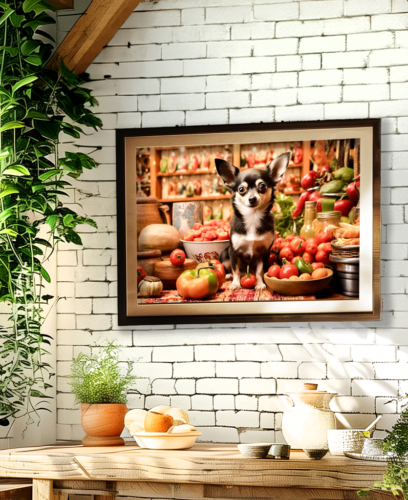 A framed photo of a small black and white Chihuahua sitting among fresh vegetables, decorates a white brick wall. The thick natural wood kitchen table below holds bowls, cups, bread and small plants in a natural and cozy atmosphere.