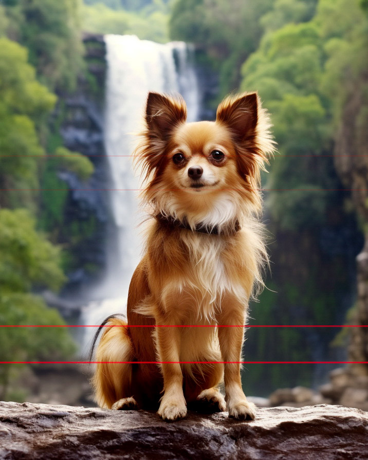 A picturesque vertical landscape features a long-haired Chihuahua, seated on a large rock in front of a cascading waterfall with lush greenery, called Basaseachic Falls, in Chihuahua, Mexico.