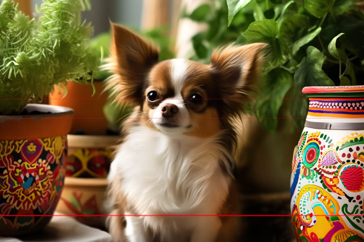 A picture of a long-haired chihuahua dog sits indoors, surrounded by vibrant, Mexican style decorated pottery and lush green plants. the dog has brown and white fur and looks directly at the viewer with a sweet focused expression.