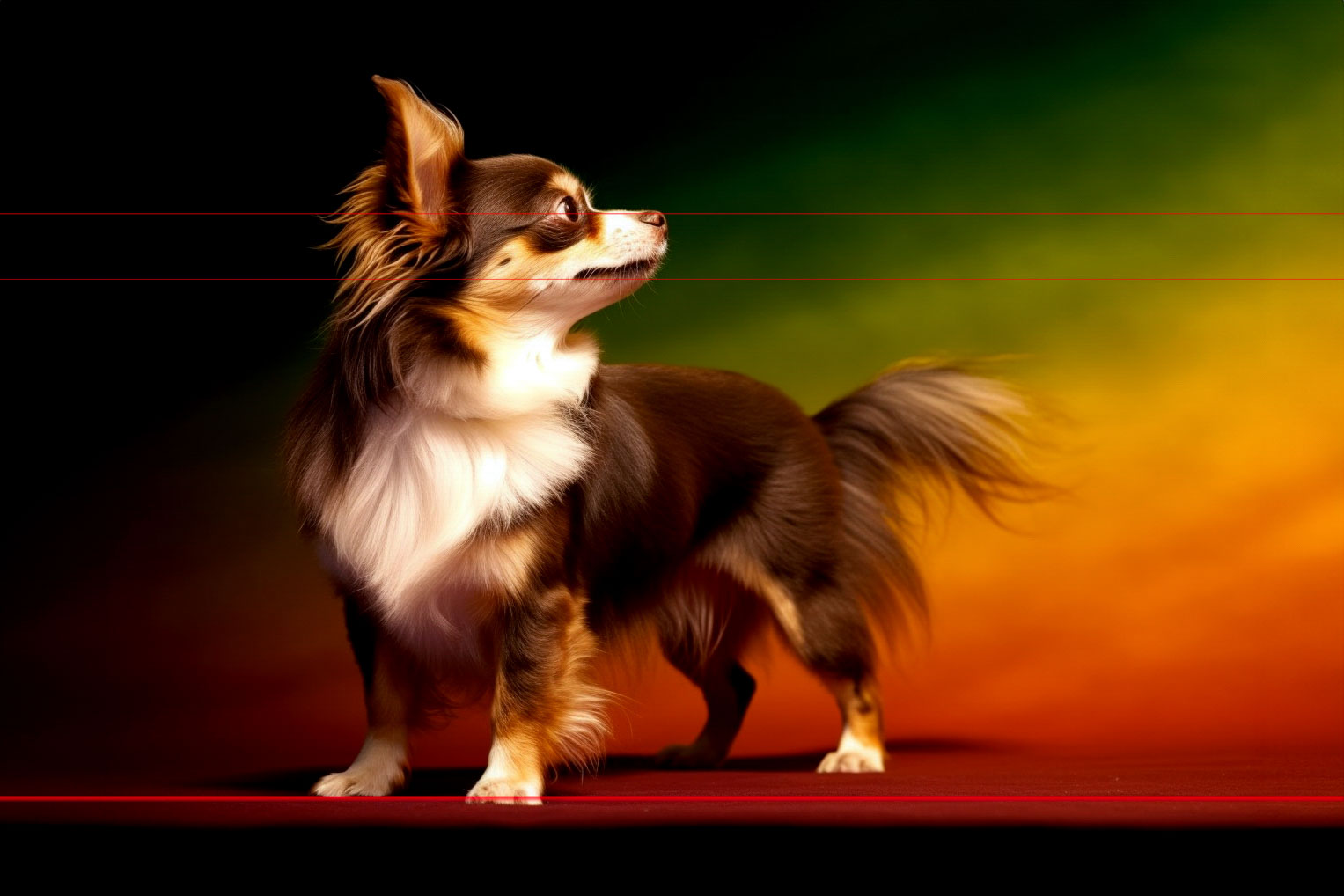 This artwork showcases a longhaired Chihuahua standing in a profile pose. Its head turned to look attentively around the back, with its ears perked up and longhaired plume tail curved upwards. A sweeping dramatic and vibrant backdrop reminiscent of Mexico's flag.