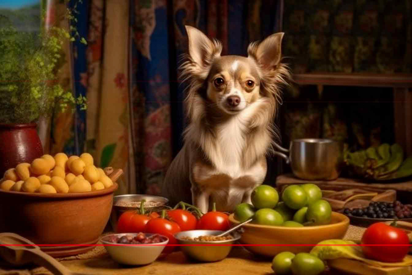 A longhaired Chihuahua is positioned in the center if this kitchen scene surrounded by an assortment of fresh produce and kitchenware. The  beautiful cream and white fur and calm sweet expression capture the viewer's attention.