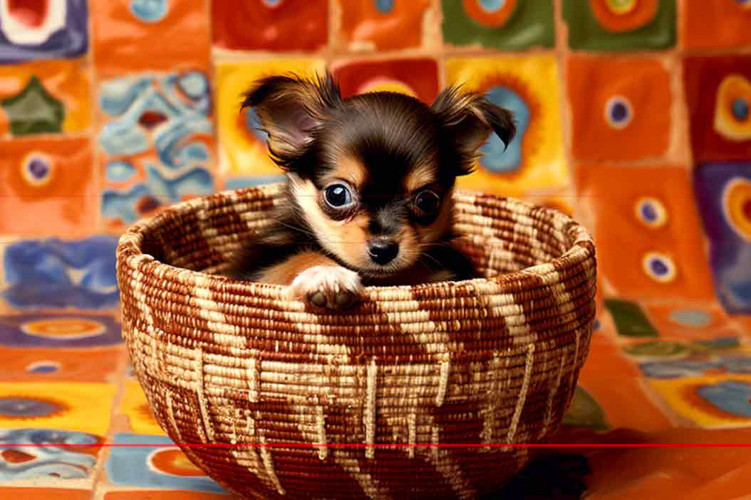 A small black, tan, and white Chihuahua puppy with large eyes sits in a woven basket. The background features a colorful mosaic wall with orange, blue, and green Talavera tiles in various patterns. The curious puppy rests its front paws on the edge of the basket.