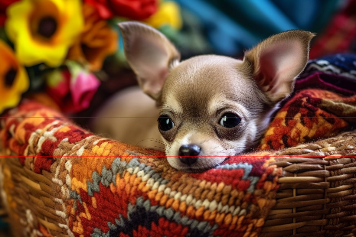 A small silky warm grey Chihuahua with large perked up ears and expressive eyes rests in a woven basket adorned with a colorful, patterned blanket. Surrounding the basket are vibrant, multicolored flowers of yellow and red, creating a bright and cheerful scene. The Chihuahua looks relaxed and cozy, with a sweet gentle expression looking directly at the viewer.