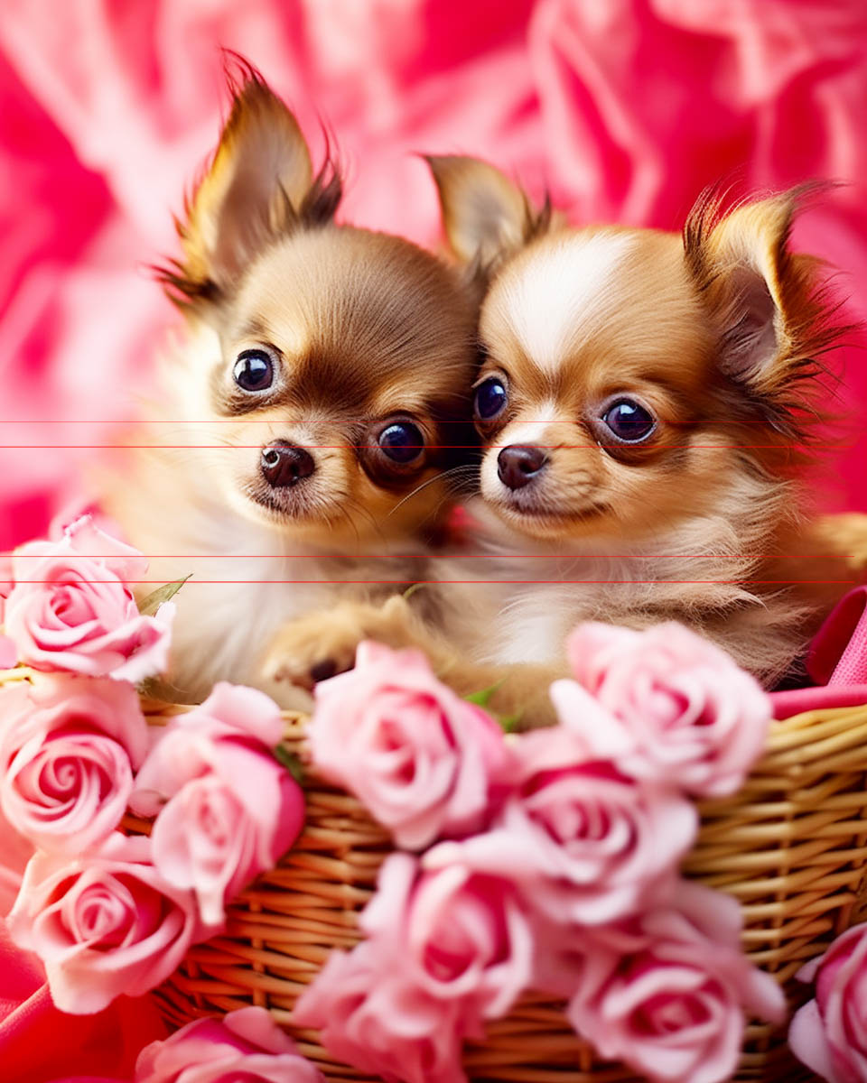 2 Chihuahua puppies in wicker basket surrounded by pink roses. Background vibrant pink. Both puppies have large, round eyes and smooth longhaired coats with shades of light brown. Their heads touching with adorable heartwarming facial expressions of love and warmth.