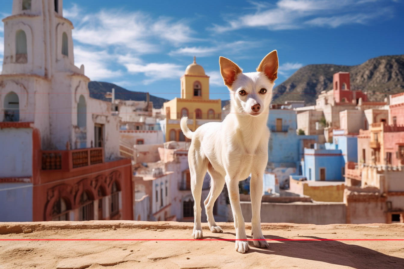 tall short-haired white Chihuahua, standing on a rooftop amidst urban background, vibrant colors and historical Mexican architecture with a clear blue sky and warm sunlight.