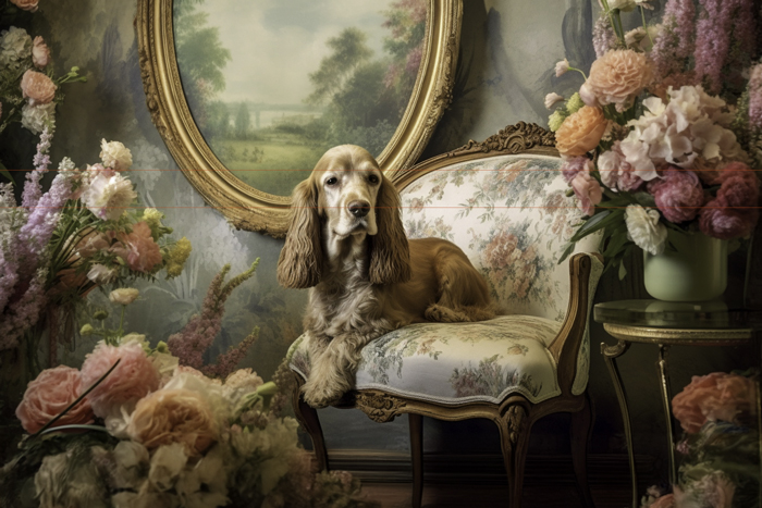 A aged tan and white cocker spaniel sits distinguishly on a carved wood upholstered chair. The backdrop features a large oval mirror. Flanking the chair are vases filled with vibrant flowers.