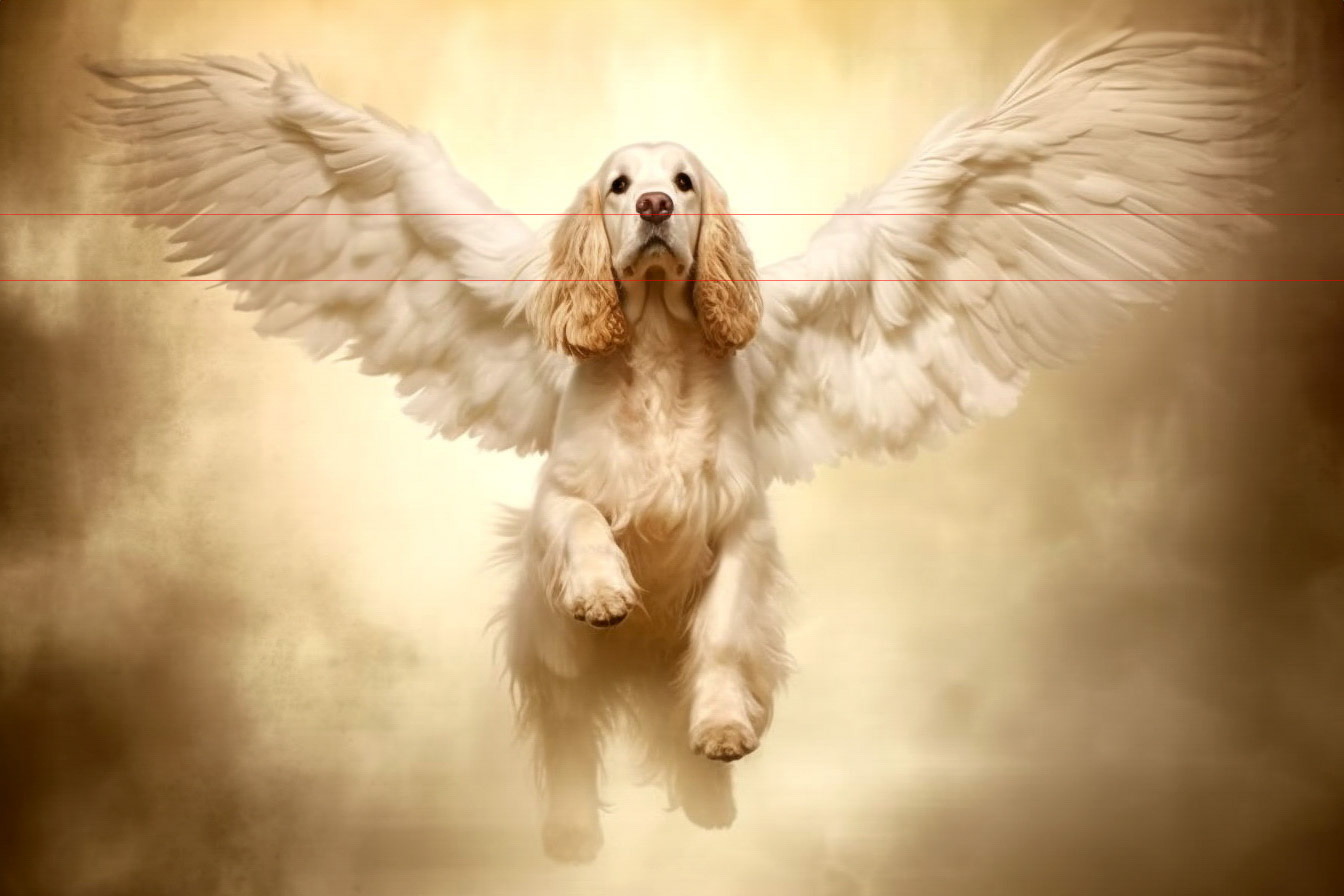 A picture of a tan cocker spaniel with long ears and soft fur shows it with large, angelic wings spread out wide. The cocker spaniel appears to be floating or flying in a golden, ethereal light, giving the impression of a heavenly or divine scene. The background is soft, warm, and dreamlike.