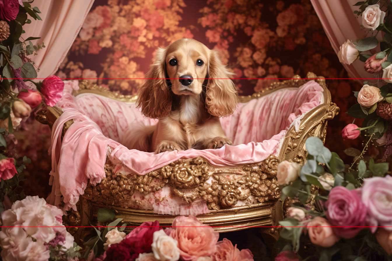 This picture captures a golden-colored cocker spaniel with long ears sitting in an ornate carved gilded basket lined with soft pink fabrics, surrounded by lush pink, red, and white roses. The backdrop has a floral-patterned wallpaper in burgandy and a pink roses, enhancing the elegant and luxurious setting with a predominantly pink palette.