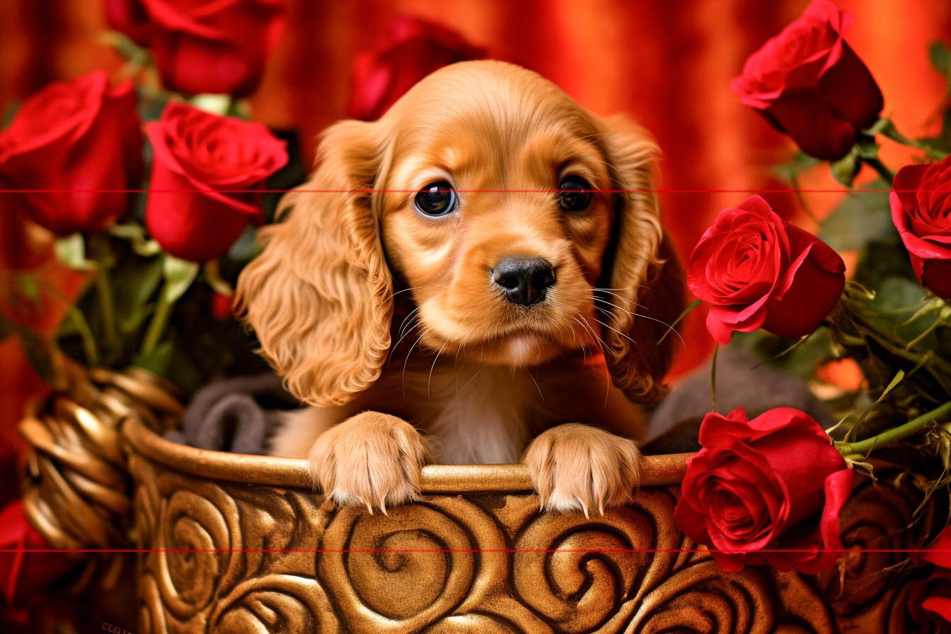 A small, caramel-colored cocker spaniel puppy with floppy ears sits inside an ornately carved gilted basket in this picture. Surrounding the cocker spaniel puppy are several vibrant red roses, set against a warm, red background. The cocker spaniel puppy's eyes are wide and expressive, giving it an innocent and curious appearance.