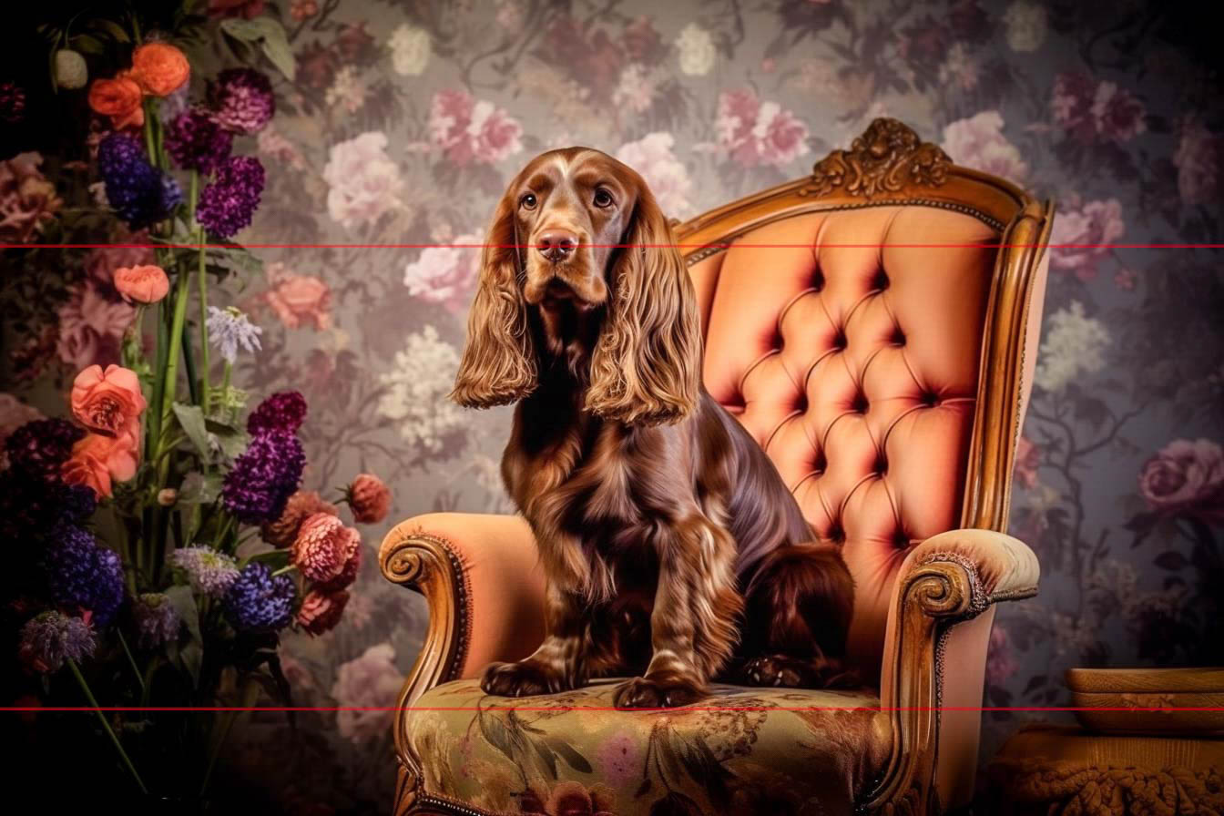 A picture captures a brown cocker spaniel with long, wavy ears sitting on an ornate, tufted chair upholstered in orange fabric. The background features floral-patterned wallpaper with hues of purple, pink, and green, enhancing the vintage, elegant atmosphere of the scene with an English styled decor.