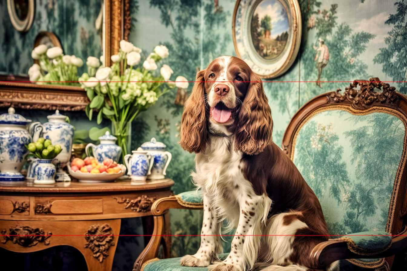 A picture captures a brown and white dog with long ears sitting on an ornate, gold-trimmed chair in an opulently decorated parlor room. The background features a large framed mirror and a painting, with a table set with blue and white porcelain vases, bowls of fruit, and a bouquet of white flowers.