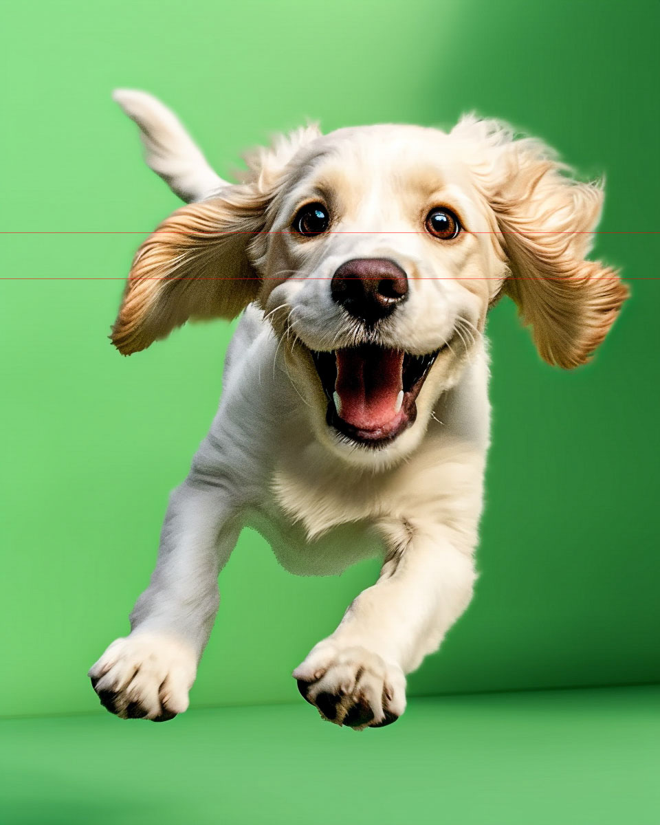 A picture of a white and tan cocker spaniel puppy with floppy ears joyfully leaps forward in the air against a vibrant green background. The pup's mouth is open in an excited expression, the ears and fur appear to be in motion, capturing the dynamic energy of the playful moment.