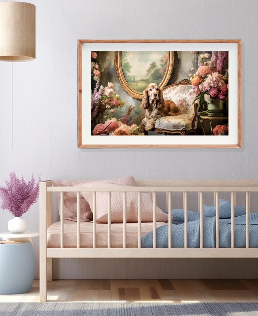 
A serene nursery features a wooden crib with blue and pink bedding against a light gray wall. Above the crib hangs a framed painting of a senior cocker spaniel lounging on a floral armchair amidst vibrant flowers. A white vase with lavender flowers sits on a small table beside the crib.