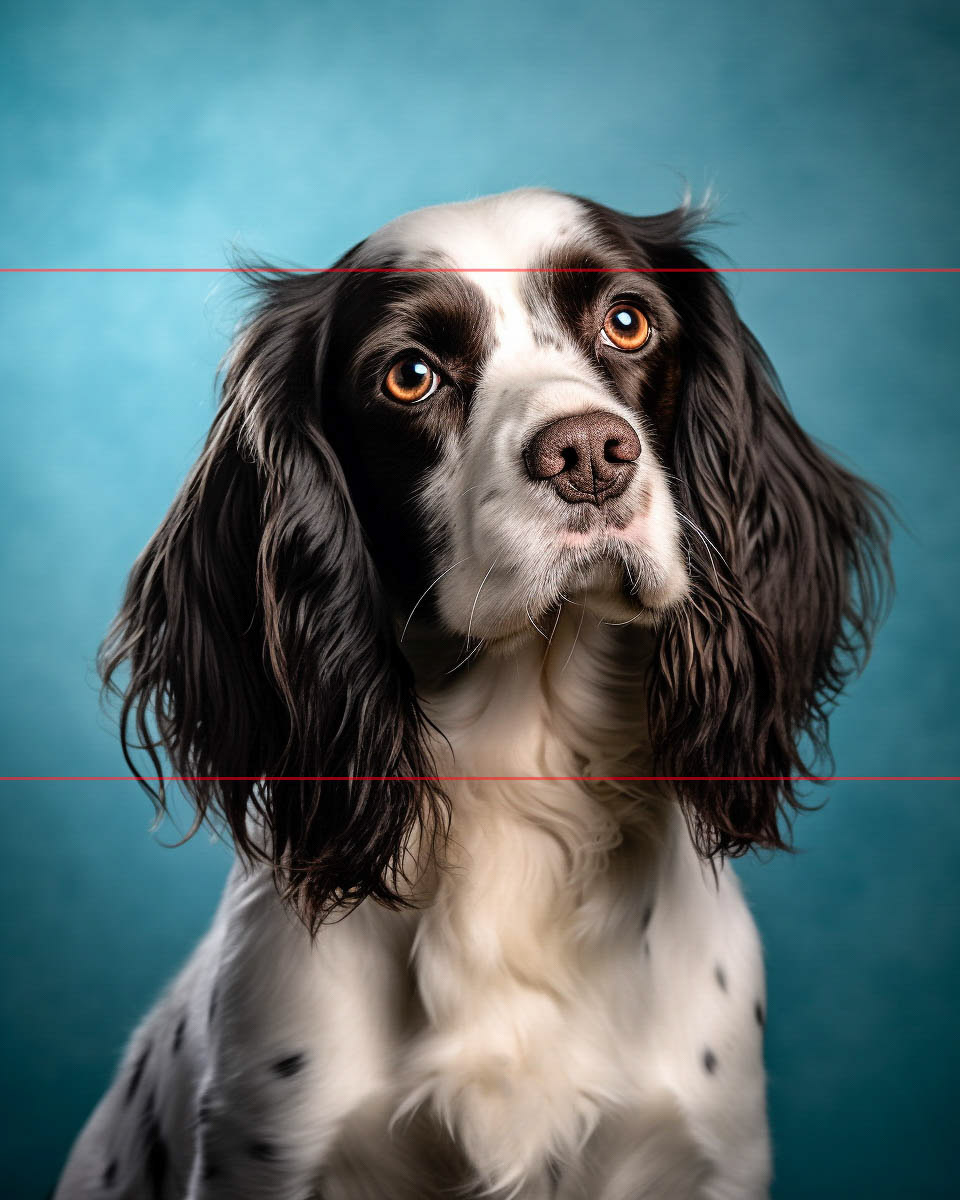 Cocker Spaniel Close-Up Picture Portrait, face with soulful brown eyes and long droopy ears, set against a textured blue background. The pet's fur is predominantly white and black