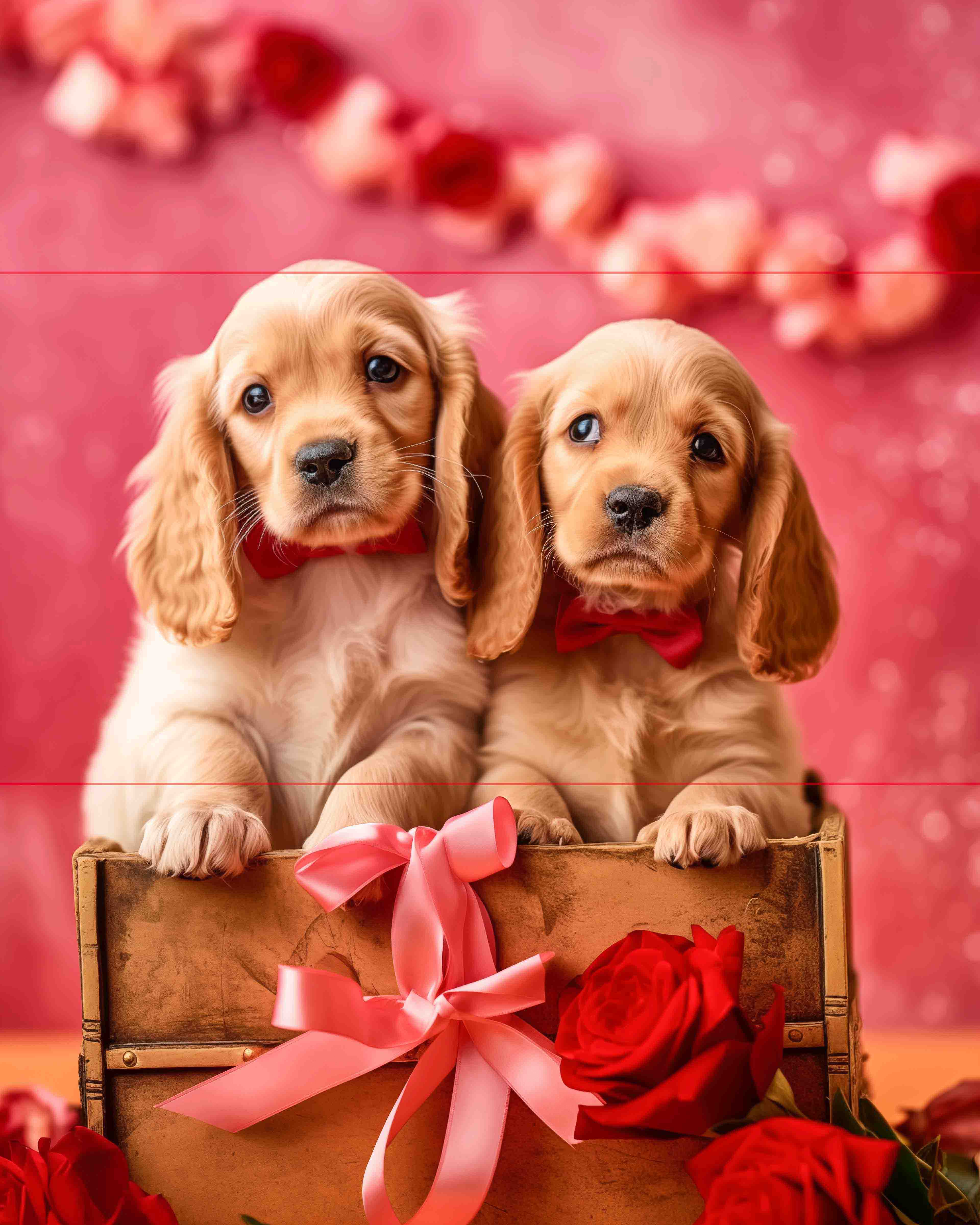 A picture of two adorable  cocker spaniel puppies with golden fur sitting inside a rustic wooden box adorned with pink ribbon and bows. They wear red bow ties and have a backdrop of pink with a pink and red garland.