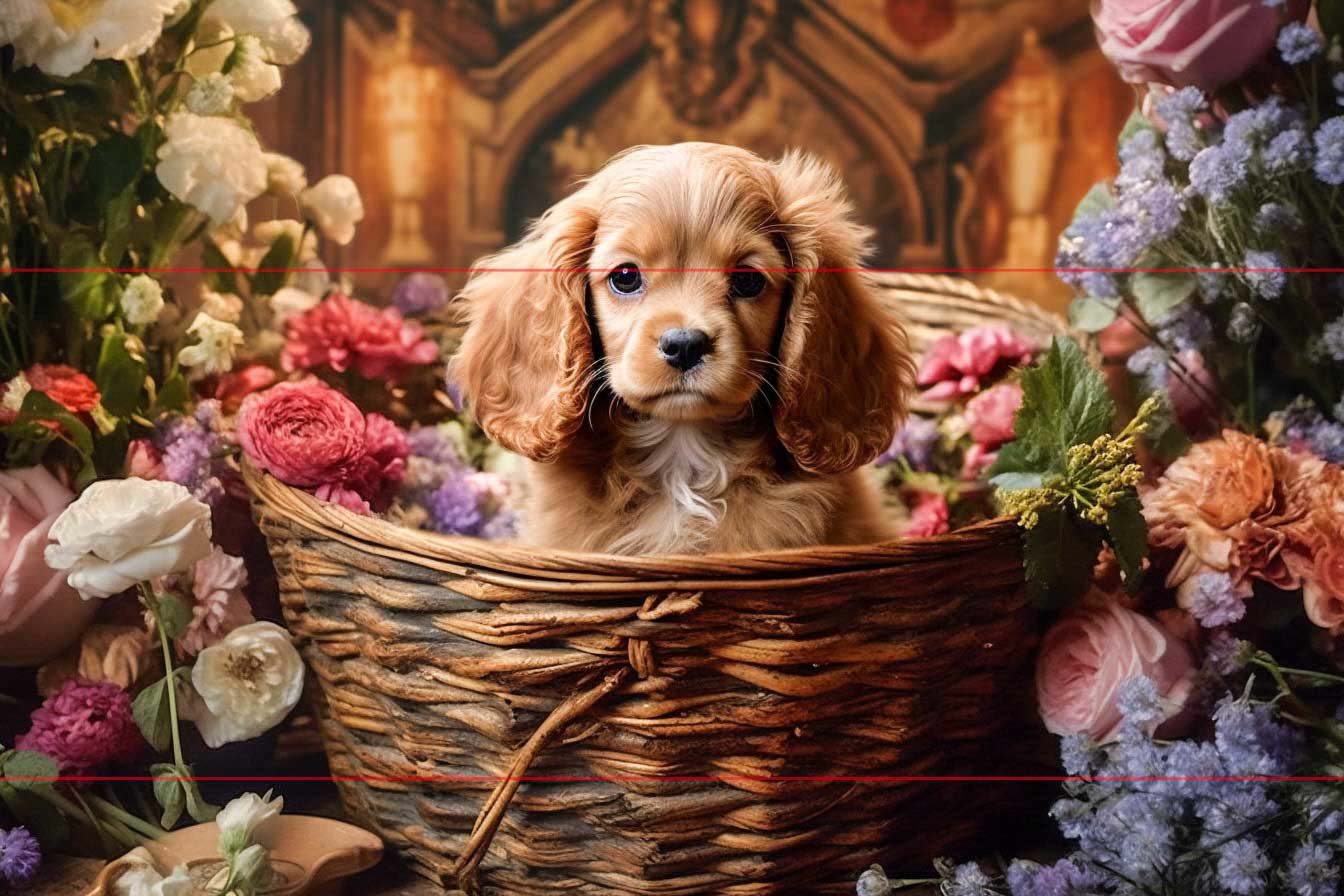 A picture of a small brown and white cocker spaniel puppy with long ears sits inside a woven basket, surrounded by an assortment of colorful flowers including pink roses, white daisies, and purple blooms. The background features wooden architectural elements, adding a cozy, rustic ambiance to the scene.