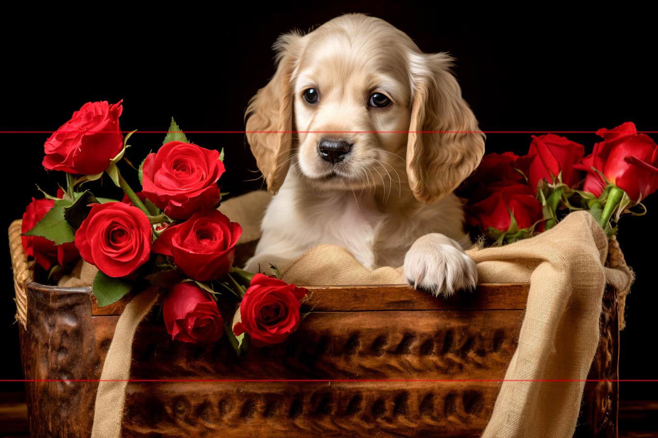 A small, cream-colored cocker spaniel puppy with long ears sits in a wooden basket surrounded by vibrant red roses. A black background gives the picture cinematic drama.