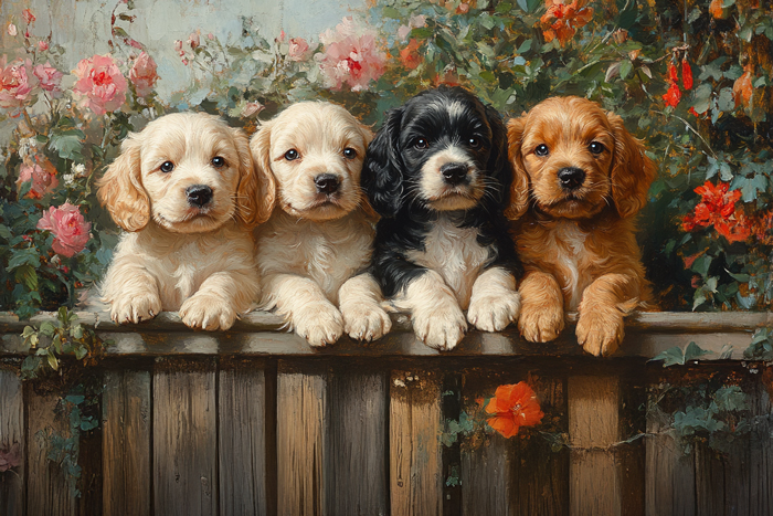 Charming Cocker Spaniel Puppies Gathered by a Garden Fence Enjoying a Sunny Day In This Vintage Style Painting. Generative AI