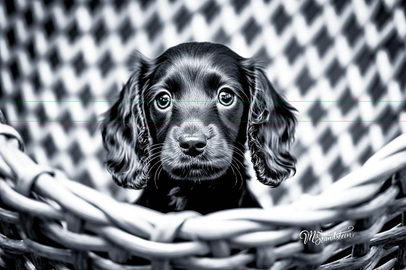 A black-and-white picture features a cute, young black cocker spaniel puppy with floppy ears and a soulful gaze. The cocker spaniel puppy is sitting in a woven basket, which dominates the lower part of the image. The background consists of a blurred, geometric houndstooth pattern.