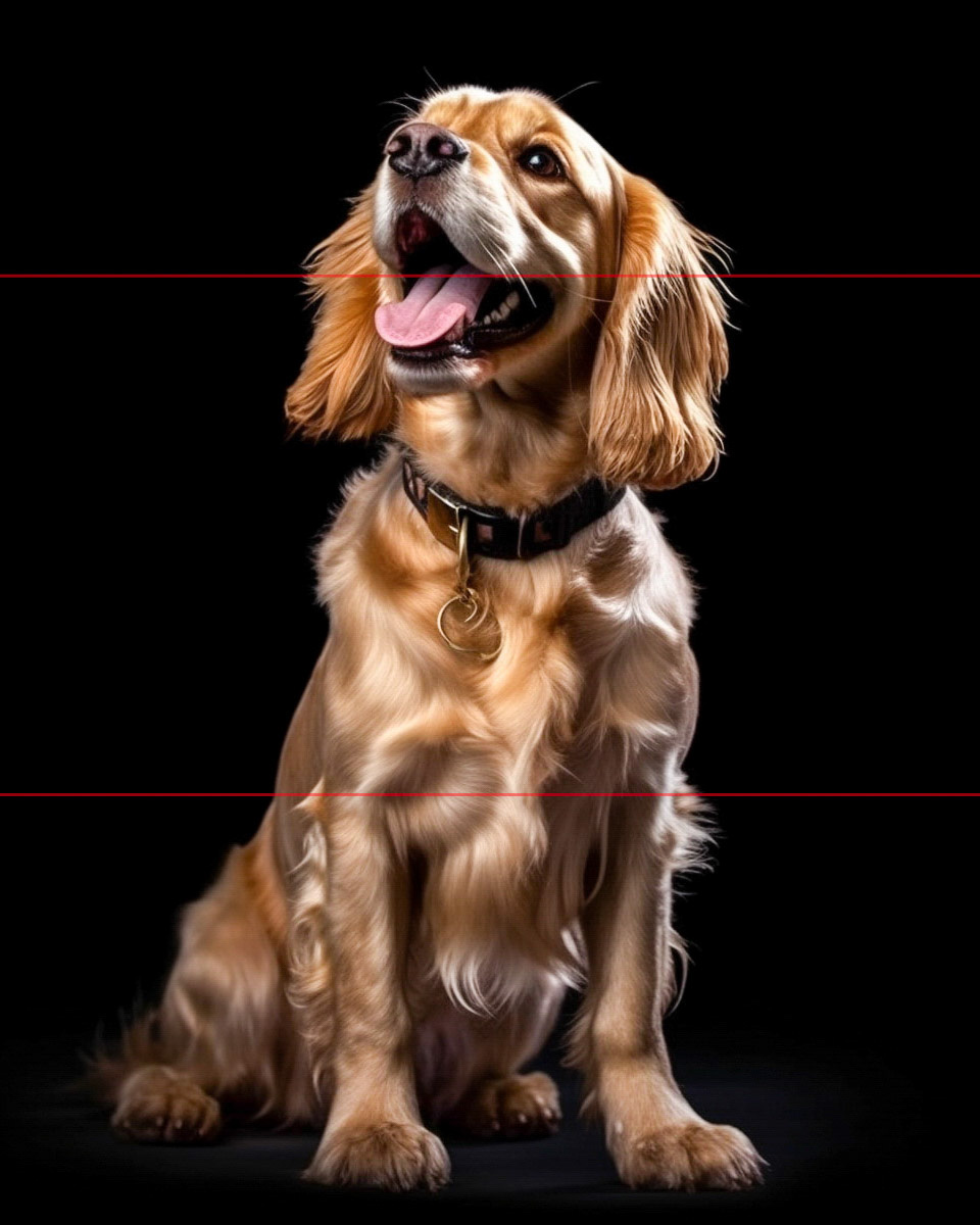 A golden cocker spaniel sits happily against a black background, with its mouth open and tongue out. The cocker spaniel wears a black collar with a round tag. The picture has a black background, highlighting the cocker spaniel's shiny coat and expressive eyes.