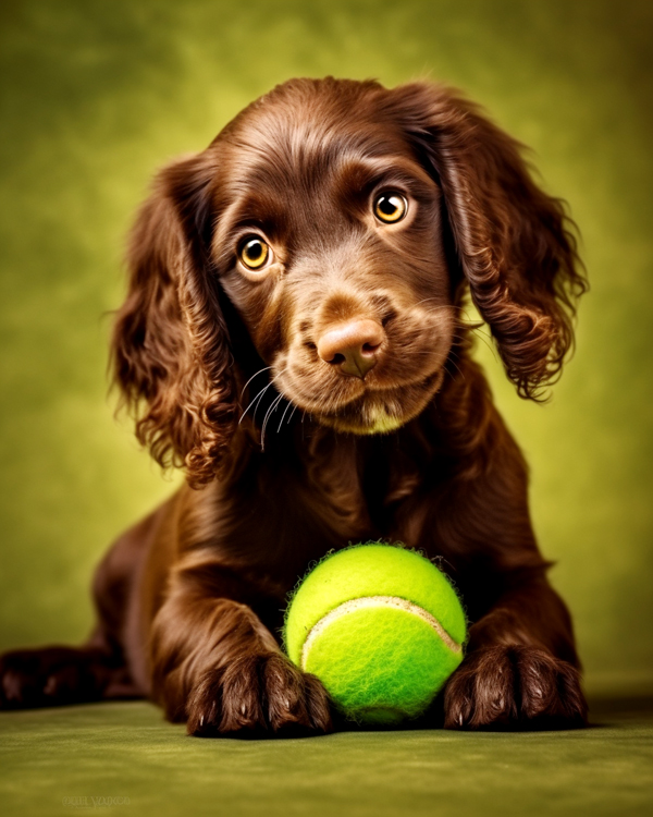 A precious expression is on the face of this brown Cocker Spaniel Puppy coveting his tennis ball. It has beautiful hazel eyes and the background is olive green.