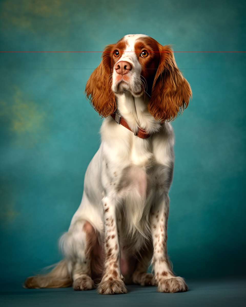 A picture of a brown-and-white spaniel with long, floppy ears sits in front of a textured blue-green background. The cocker spaniel has a collar and its expressive eyes gaze upward with its tongue slightly out. The soft lighting highlights the cocker spaniel's fur, giving the image a warm and inviting feel.