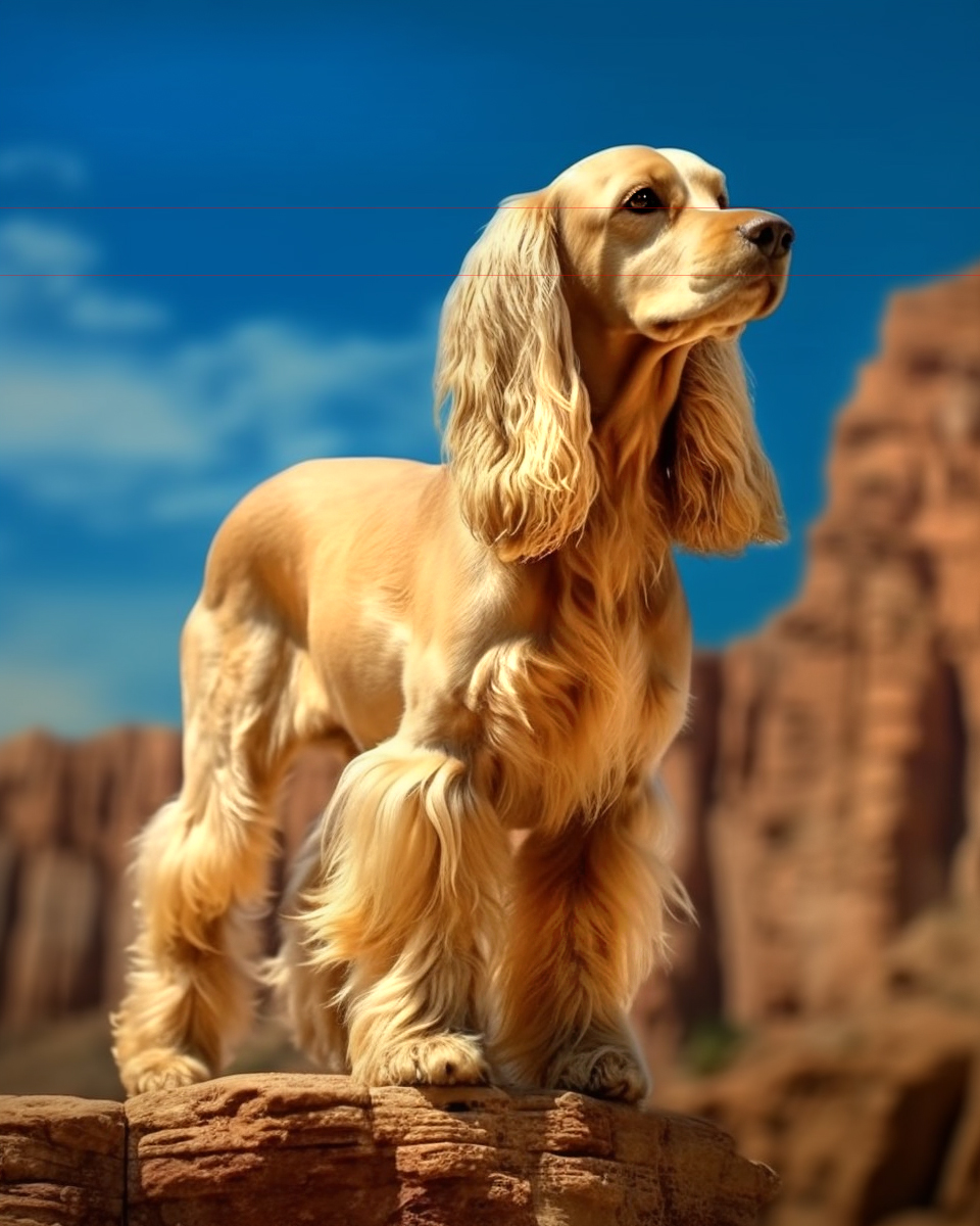 A golden cocker spaniel with long, wavy fur stands proudly on a rock, making for a stunning picture. The sky is a bright blue with a few scattered clouds, and the background features majestic red rock formations, indicating a desert or canyon landscape creating a beautiful landscape featuring this golden colored dog.