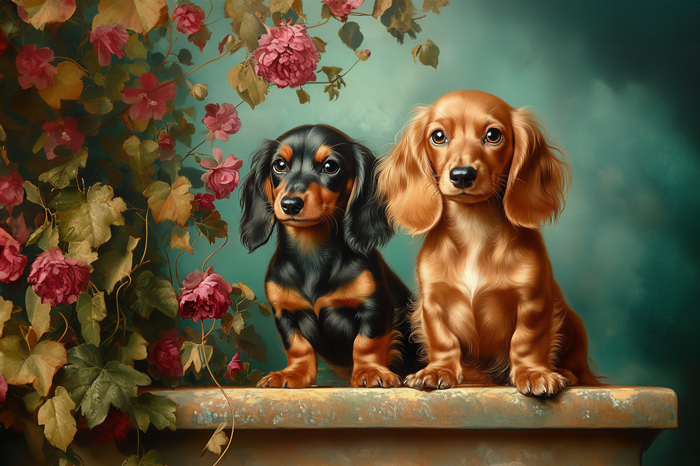 Two adorable dachshunds one dark and the other light pose gracefully with a blooming rose backdrop and mottled teal. The 2 puppies sit side by side on an English Garden wall in this vintage style painting. Their playful expressions radiate warmth and companionship.