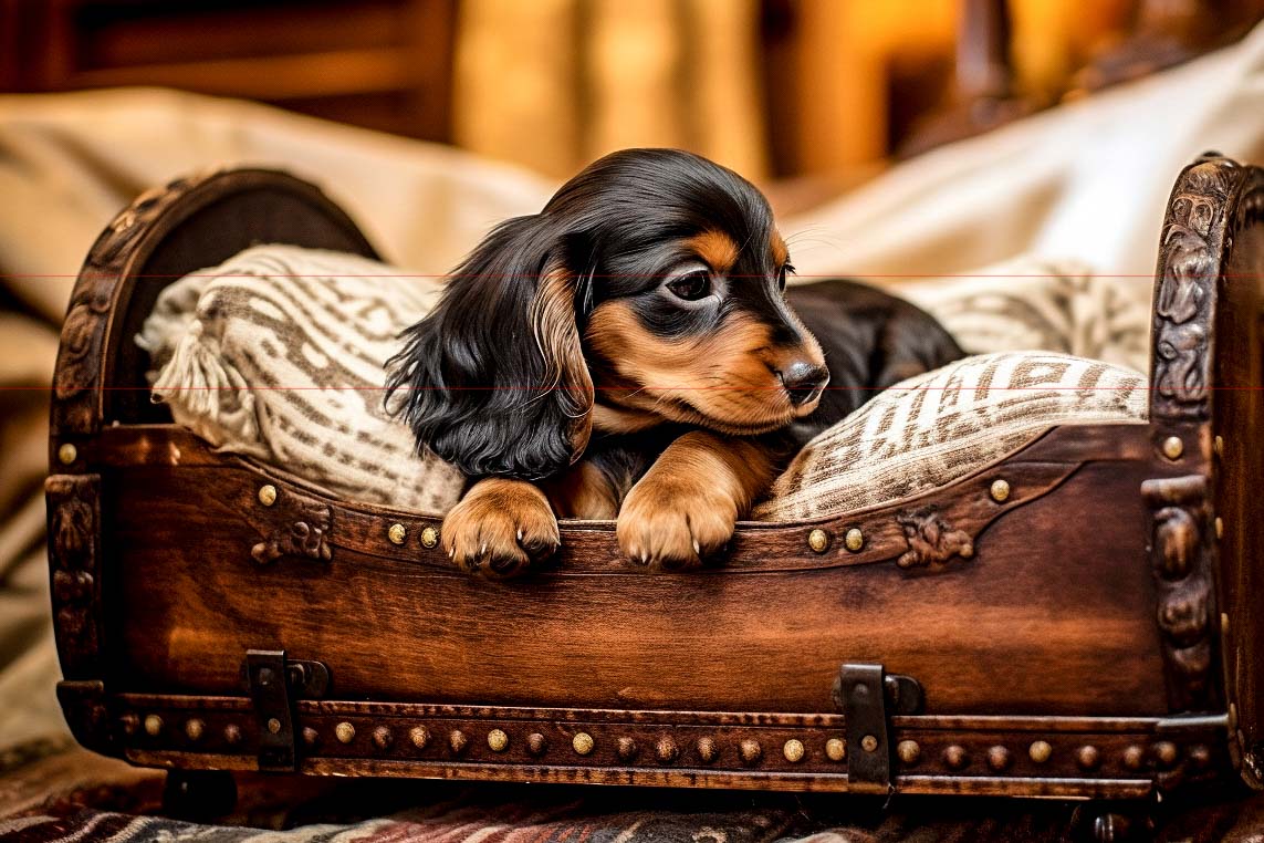 A small Dachshund puppy with black and tan fur rests comfortably in a carved wooden cradle lined with a patterned cushion. The puppy looks to the side with a calm, content expression. The softly blurred background in the picture highlights the cozy, warm indoor setting.