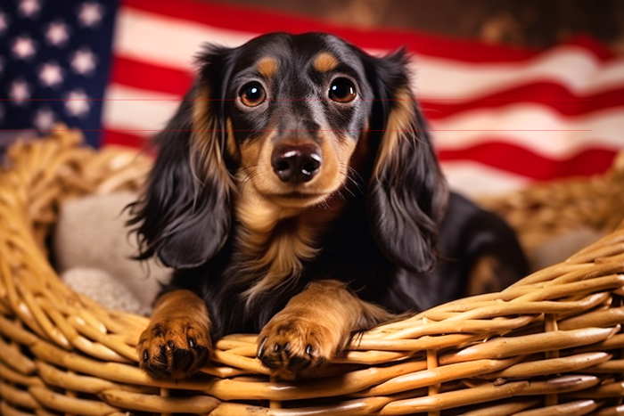 A dachshund with long black and tan fur sits in a wicker basket, looking directly at the viewer with an adorable wide eyed expression. An American flag is visible in the blurred background of this patriotic picture. The dog's front paws rest on the edge of the basket.