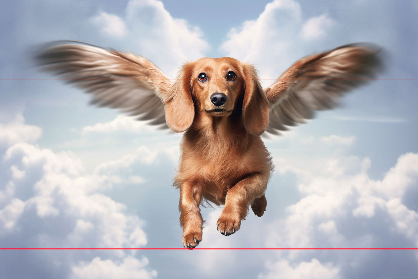 A picture shows a brown dachshund flying with feathered wings against a backdrop of a bright, cloud-filled sky. The dog has a focused expression and appears to be mid-flight, with wings blurred to indicate movement. The image has an otherworldly, whimsical quality, perhaps a memorium piece to a lost beloved pet.