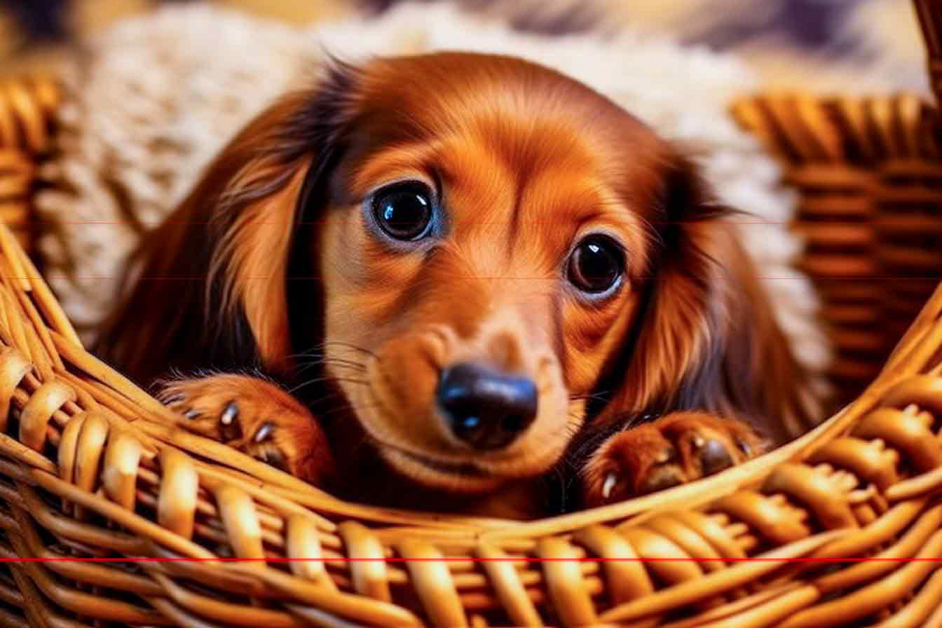 A picture captures a dachshund puppy with large, expressive eyes and long, floppy ears nestled in a wicker basket. The puppy's brown fur glistens under the light, giving it a shiny appearance. The background is blurred, drawing focus to the puppy's innocent and curious expression.