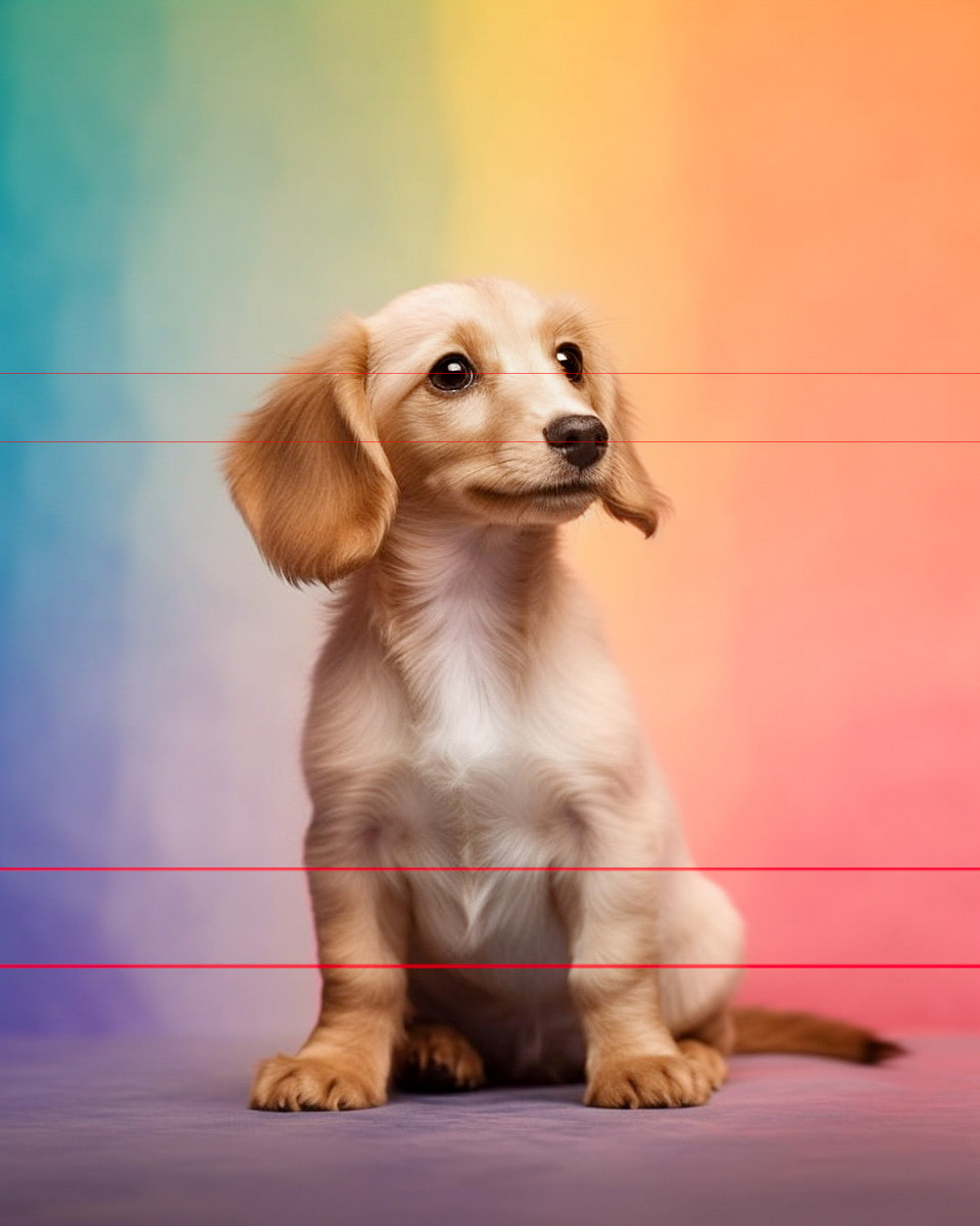 A small, light tan dachshund puppy with floppy ears sits on a surface, looking slightly to its left. The background is a vibrant gradient that transitions smoothly from blue on the left to green, yellow, orange, and finally red on the right. The puppy's expression is calm and curious in the picture.