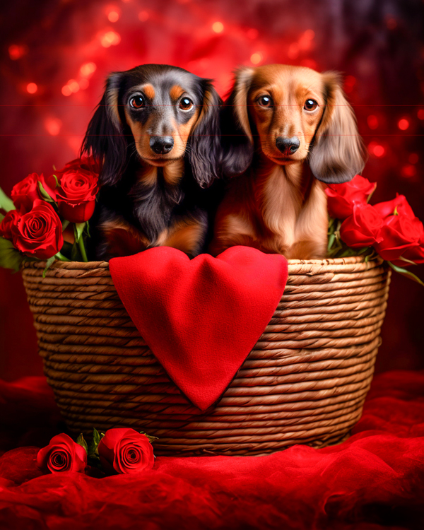 Two dachshund puppies, one black and tan and one tan, with large, expressive eyes sit side by side in a woven basket. The background of the picture is a vibrant red with long-stemmed red roses in the basket, creating a romantic atmosphere.