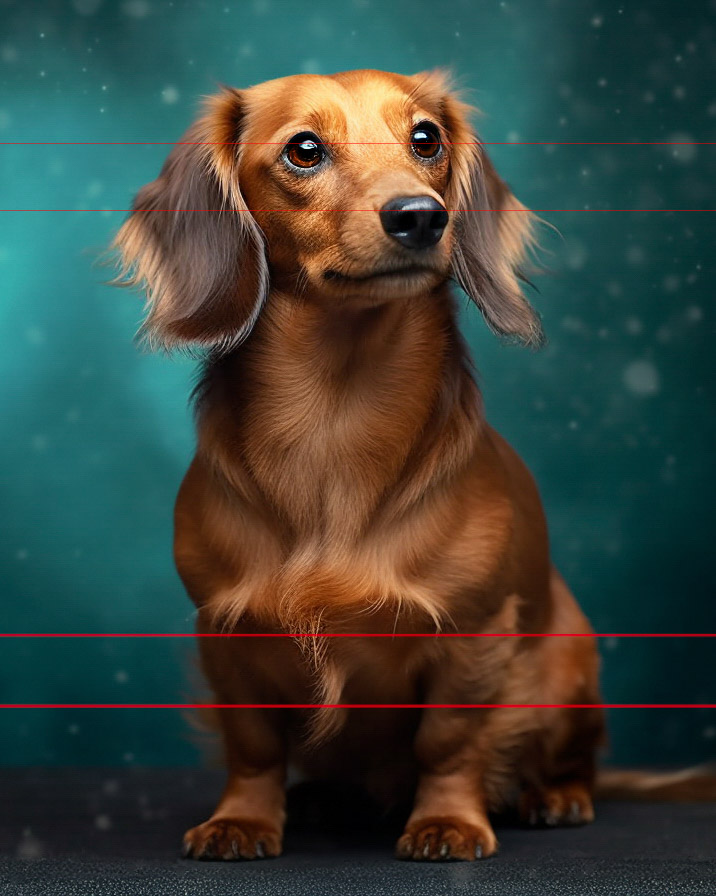 A long-haired Dachshund with reddish-brown fur sits against a teal background. The dog looks up with an alert and curious expression. Light speckles resembling stars are scattered across the backdrop.