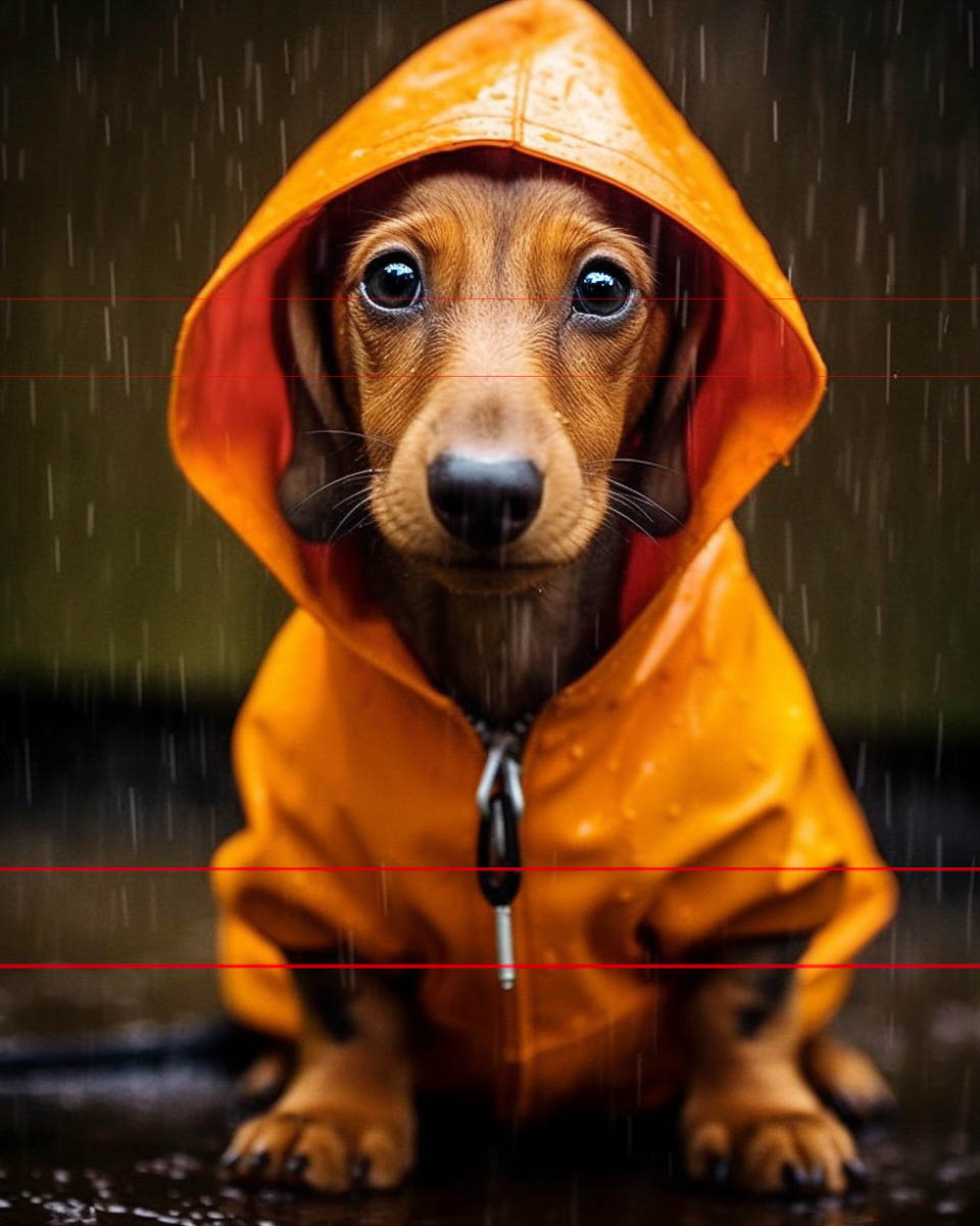 A small, brown dachshund puppy sits in the rain wearing an orange raincoat that has a hood covering its head. The raincoat has a zipper in the front. The background is dark and blurred, highlighting the puppy's large, expressive eyes and wet fur, creating a heartwarming picture.