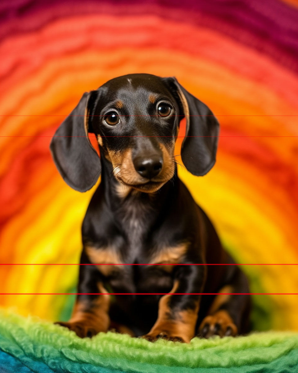 A smooth coated black and tan dachshund with large eyes and floppy ears sits on a plush woven oval rug featuring a vibrant rainbow gradient, blending from red at the top through orange, yellow, green, to blue at the bottom. The puppy looks directly at the camera with lovely soulful eyes.