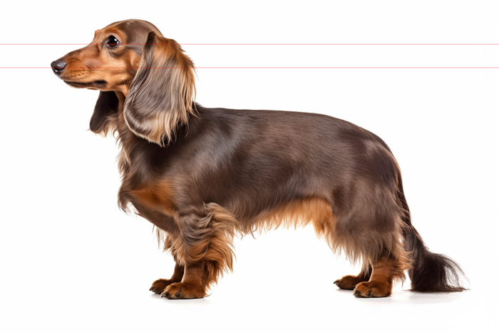 A picture captures a long-haired dachshund standing in profile against a white background. The dog has a sleek, brown coat with lighter patches near the legs and underneath. The ears are floppy and covered with wavy fur. The tail is bushy and slightly curved downward.