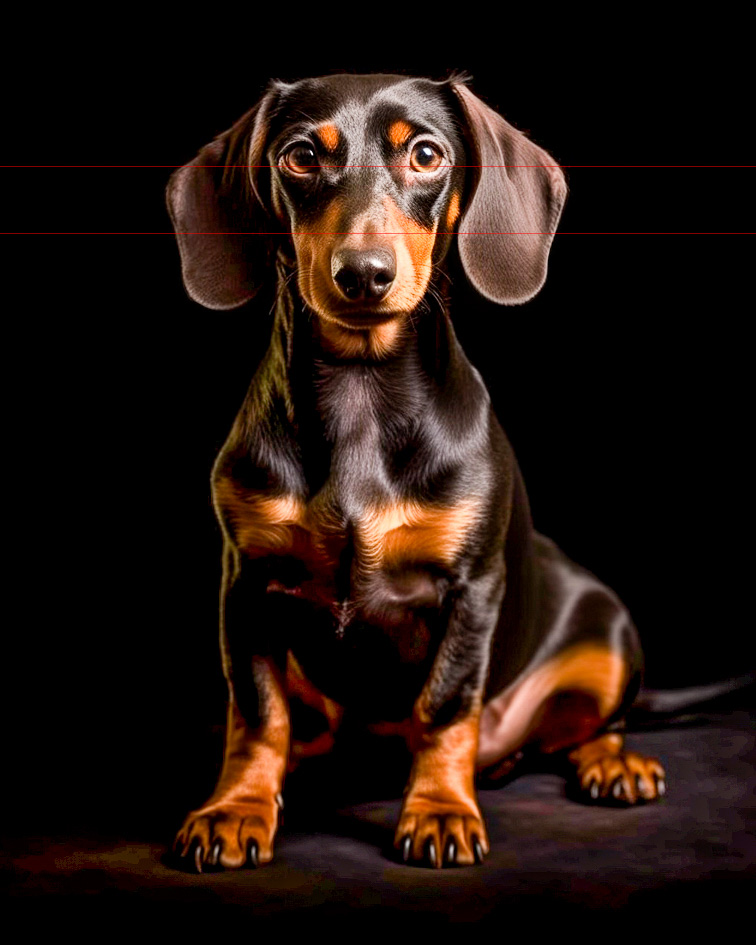A picture of a dachshund with a smooth, black and tan coat sits against a black background. The dog's large, floppy ears frame its face, and its expressive eyes appear to be looking directly at the camera. The lighting highlights the dachshund's glossy fur and muscular build. A portrait with doggy dignity.