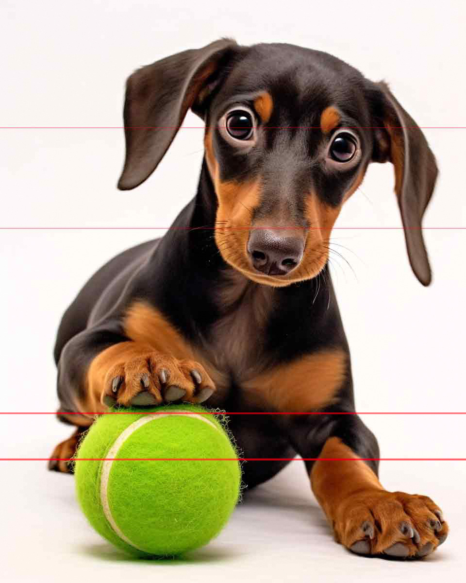 A picture of a dachshund puppy with a shiny black and tan coat lies down, gazing upwards with large, expressive eyes. The puppy's front paw rests on a bright green tennis ball. The white background makes the puppy and ball stand out clearly.