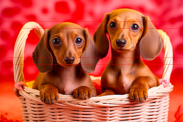 Two brown dachshund puppies with large, expressive eyes sit side by side in a woven basket. The background of the picture is a vibrant red with heart-shaped patterns, creating a warm and affectionate atmosphere.