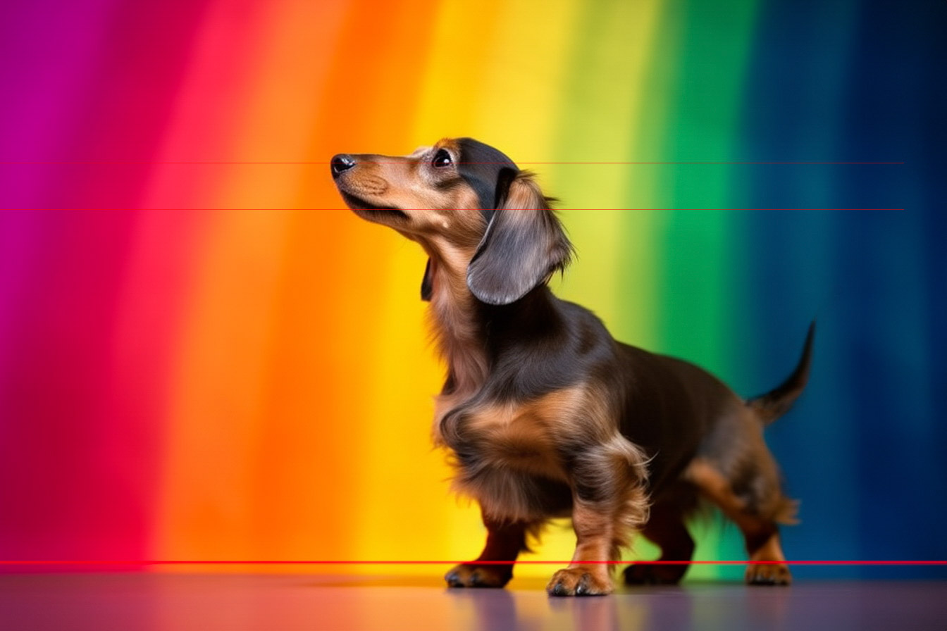 A small longhair Dachshund with a black and tan coat shows off its distinctive profile. Framed perfectly in this picture, the background is a vibrant, multi-colored rainbow gradient, creating a lively and playful setting. The dog's ears are perked up, and its eyes are focused on something off-frame.