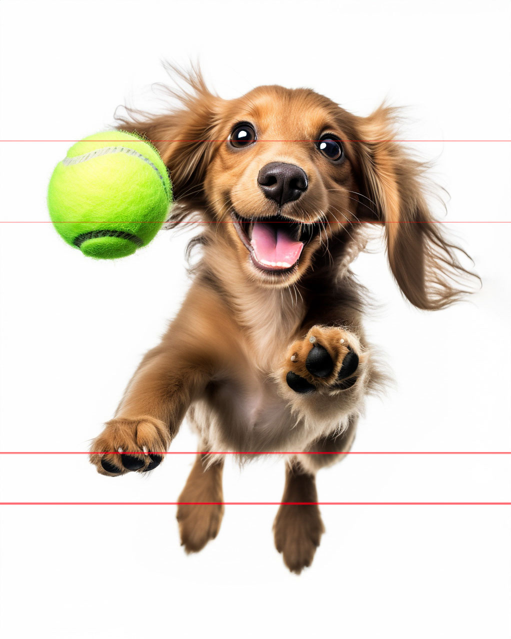 A picture captures a brown long-haired Dachshund leaping joyfully in the air, mouth open and eyes wide, holding a bright green tennis ball between its teeth. The dog's ears and fur fly back from the motion, with its front paws extended forward as if running toward the viewer against a white background.