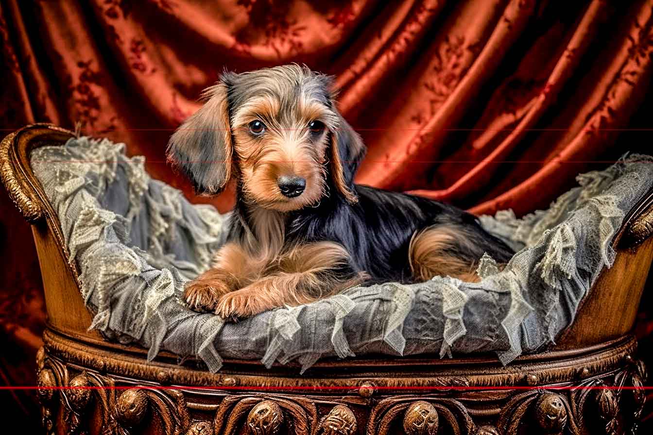 A small, adorable dachshund puppy with black and tan fur lies on a plush, ornate cushion with lacy trim. The picture captures the cushion resting on an intricately carved wooden bassinet. The background is rich, red velvet fabric with elegant floral patterns, adding a luxurious ambiance to the scene.