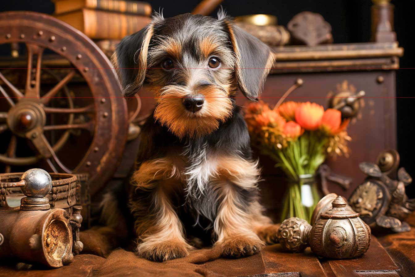 A small, fluffy longhaired dachshund with black and brown fur sits on a wood surface, surrounded by steampunk themed objectsin this rustic vintag decor. An adorable scene in a picture featuring gears, antique books, an old-fashioned camera, and a bouquet of orange flowers in a vase. The dark background emphasizes the puppy and decorations.