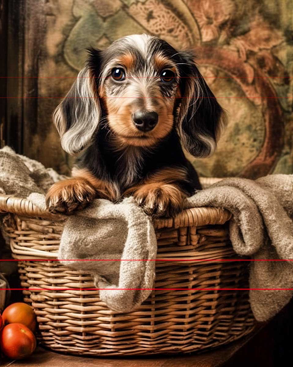 A small, brown and black dachshund puppy with expressive eyes and long ears sits adorably in a woven basket. The basket, captured perfectly in the picture, contains a beige blanket.