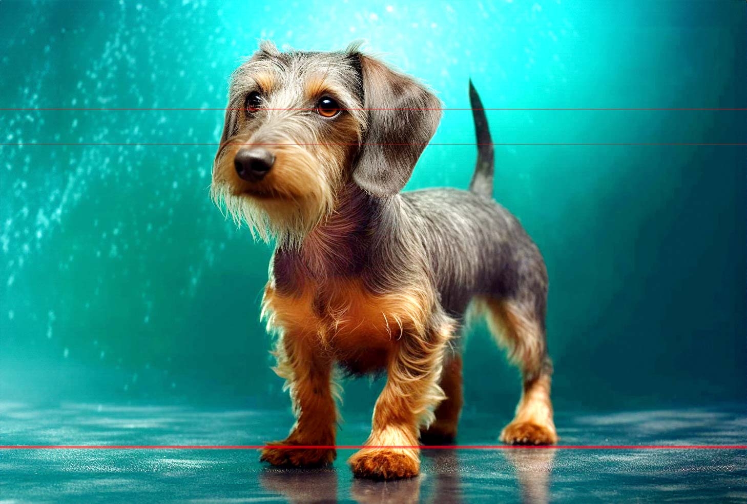 A small, wiry-haired dachshund with a long body and short legs stands on a shiny surface in the picture. Its fur is a mix of gray and light brown. The dog's ears are floppy, and its tail is upright. The background is a vibrant teal with light reflections, giving a striking contrast to the dog's fur